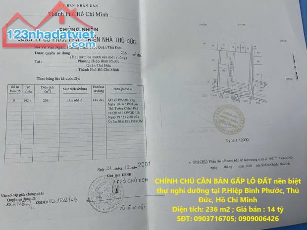 CHÍNH CHỦ CẦN BÁN GẤP LÔ ĐẤT nền biệt thự nghỉ dưỡng tại P.Hiệp Bình Phước, Thủ Đức, Hồ