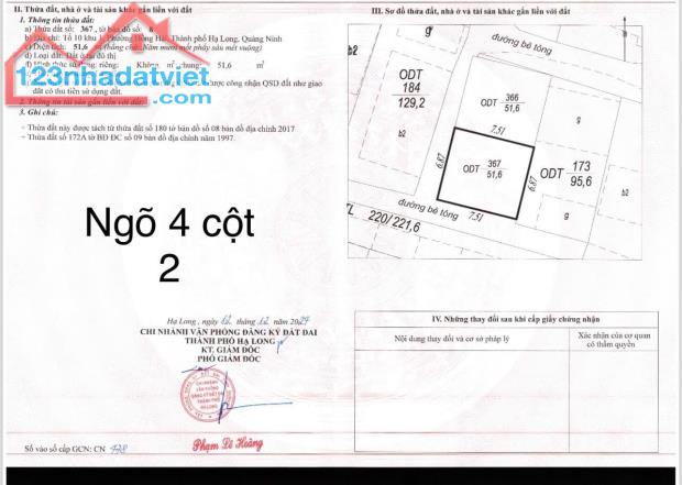 Bán 2 Ô Đất Ngõ 4 Nguyễn Văn Cừ,P.Hồng Hải. DT:51.6m2,MT:6.57m Ô Góc !!!