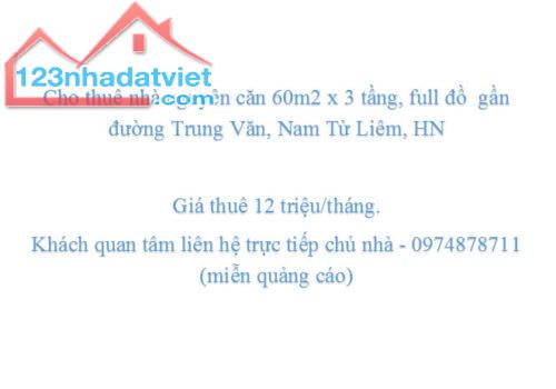 Cho thuê nhà nguyên căn 3 tầng gần đường Trung Văn, Nam Từ Liêm, HN