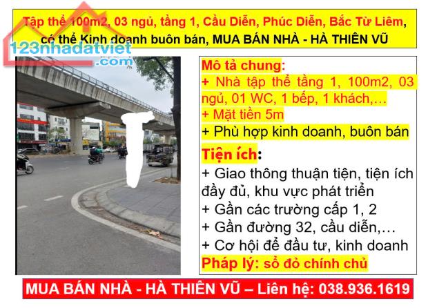 Tập thể 100m2, 03 ngủ, tầng 1, Cầu Diễn, Phúc Diễn, Bắc Từ Liêm, Kinh doanh buôn bán - 1