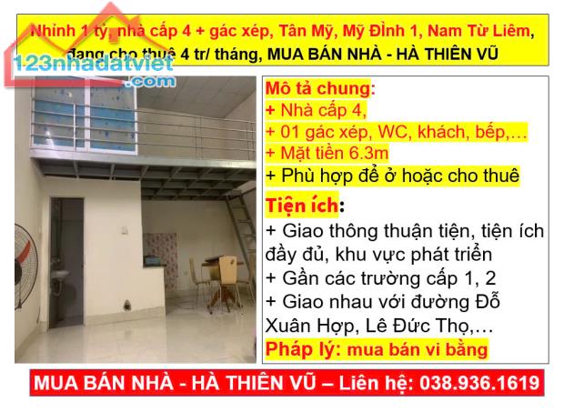 Nhỉnh 1 tỷ, nhà cấp 4 + gác xép, Tân Mỹ, Mỹ ĐÌnh 1, Nam Từ Liêm, đang cho thuê 4 tr/ tháng - 4