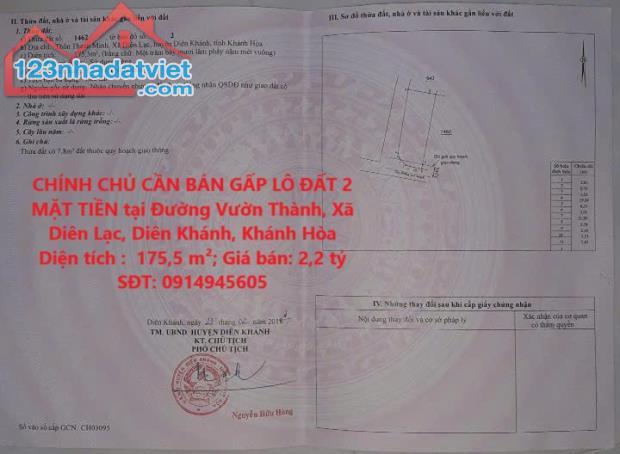 CHÍNH CHỦ CẦN BÁN GẤP LÔ ĐẤT 2 MẶT TIỀN tại Đường Vườn Thành, Xã Diên Lạc, Diên Khánh,