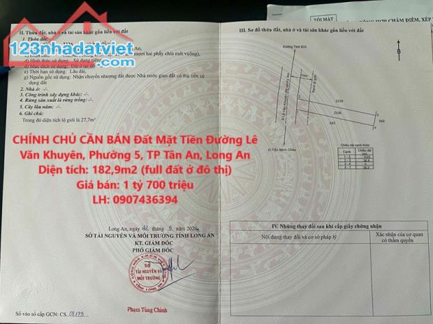 CHÍNH CHỦ CẦN BÁN Đất Mặt Tiền Đường Lê Văn Khuyên, Phường 5, TP Tân An, Long An
