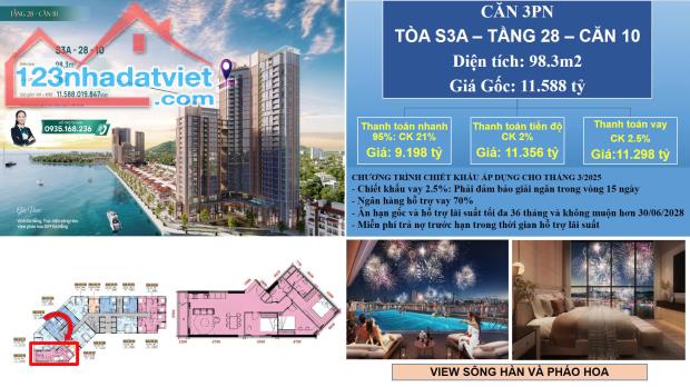 Căn góc tòa S3 DT: 98.3m2 (3PN) Ôm trọn view sông Hàn và ngắm pháo hoa - SUN SYMPHONY