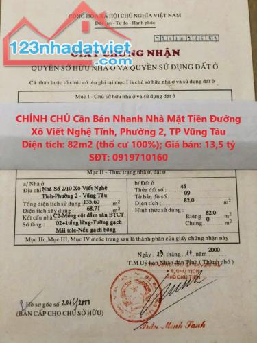 CHÍNH CHỦ Cần Bán Nhanh Nhà Mặt Tiền Đường Xô Viết Nghệ Tĩnh, Phường 2, TP Vũng Tàu