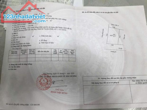 Bán lô đất kinh doanh buôn bán được đường Đinh Văn Tả - phường Bình Hàn - TPHD.