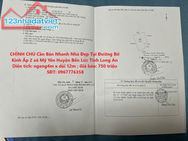 CHÍNH CHỦ Cần Bán Nhanh Nhà Đẹp Tại Đường Bờ Kinh Ấp 2 xã Mỹ Yên Huyện Bến Lức Tỉnh Long