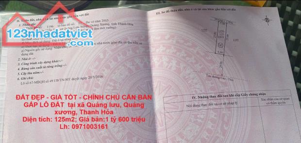 ĐẤT ĐẸP - GIÁ TỐT - CHÍNH CHỦ CẦN BÁN GẤP LÔ ĐẤT  tại xã Quảng lưu, Quảng xương, Thanh Hóa