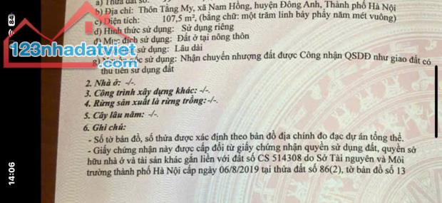 Cần bán 107,5m2 đất Thôn Tằng My, Xã Nam Hồng, Đông Anh. Sổ đỏ chính chủ