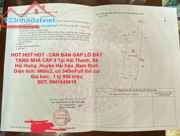 HOT HOT HOT - CẦN BÁN GẤP LÔ ĐẤT TẶNG NHÀ CẤP 4 Tại Hải Thanh, Xã Hải Hưng ,Huyện Hải hậu