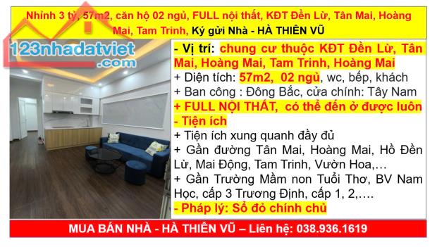 Nhỉnh 3 tỷ, 57m2, căn hộ 02 ngủ, FULL nội thất, KĐT Đền Lừ, Tân Mai, Hoàng Mai, Tam Trinh, - 5
