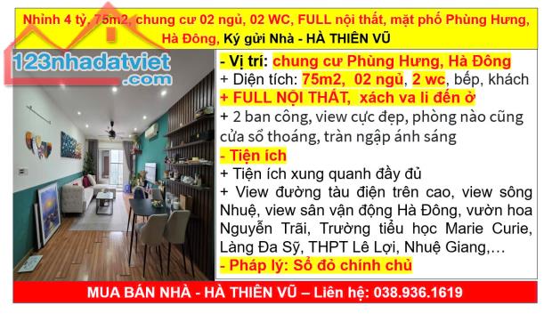 Nhỉnh 4 tỷ, 75m2, chung cư 02 ngủ, 02 WC, FULL nội thất, mặt phố Phùng Hưng, Hà Đông, Ký g - 5