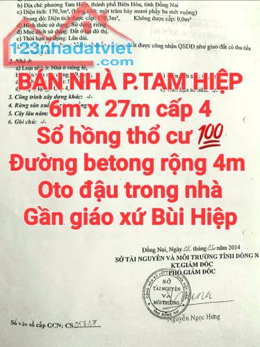 BÁN RẺ NHÀ TAM HIỆP, SỔ THỔ CƯ GẦN GIÁO XỬ BÙI HIỆP, OTO ĐẬU TRONG NHÀ