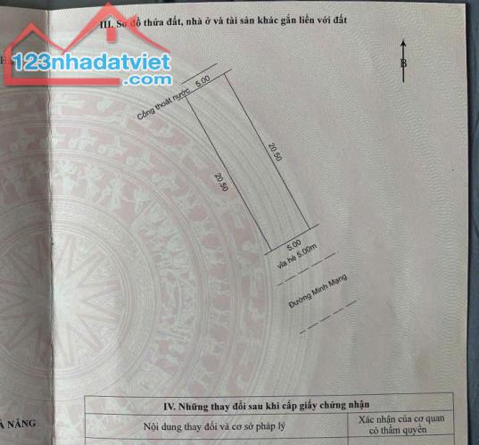 Bán đất đường 2 làn (33m) Minh Mạng - sát Trường Sa, biển Sơn Thủy - 102m2, Giá 12,5 tỷ tl