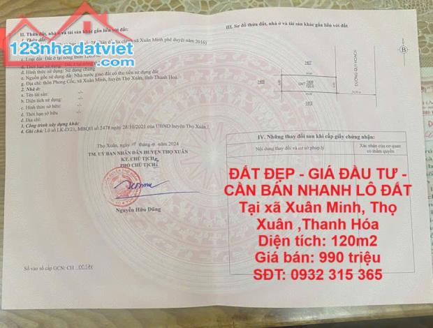 ĐẤT ĐẸP - GIÁ ĐẦU TƯ - CẦN BÁN NHANH LÔ ĐẤT Tại xã Xuân Minh, Thọ Xuân ,Thanh Hóa