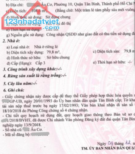HXH, Hẻm thông Âu Cơ 108m2 nhỉnh 8 tỷ, pháp lý chuẩn