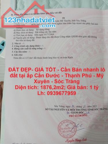 ĐẤT ĐẸP- GIÁ TỐT - Cần Bán nhanh lô đất tại ấp Cần Đước - Thạnh Phú - Mỹ Xuyên - Sóc Trăng