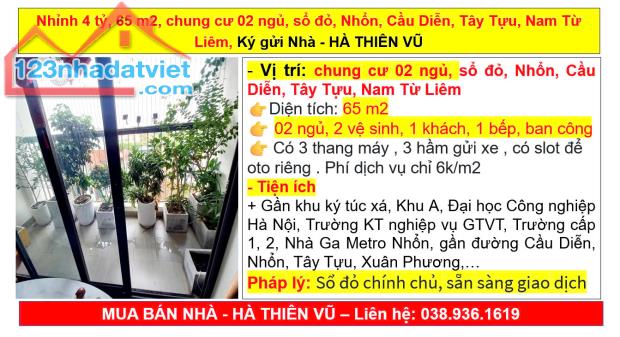 Nhỉnh 4 tỷ, 65 m2, chung cư 02 ngủ, sổ đỏ, Nhổn, Cầu Diễn, Tây Tựu, Nam Từ Liêm,Ký gửi Nha - 5