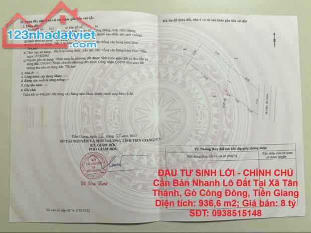 ĐẦU TƯ SINH LỜI - CHÍNH CHỦ Cần Bán Nhanh Lô Đất Tại Xã Tân Thành, Gò Công Đông, Tiền