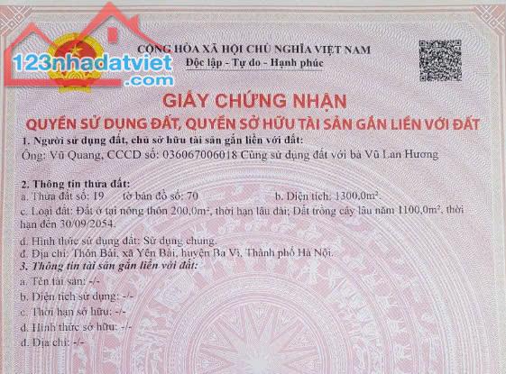 ĐẤT ĐẸP - GIÁ ĐẦU TƯ Chính chủ cần bán nhanh lô đất vị trí đẹp tại huyện Ba Vì, Tp Hà Nội - 1