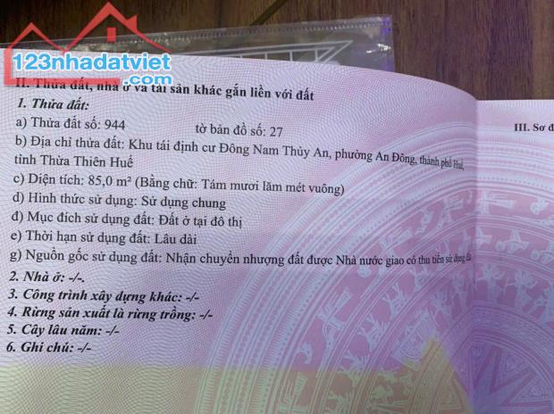 Bán đất 85m2 KQH Đông Nam Thủy An, cạnh Siêu thị Aeon Mall, TP Huế, chỉ 3,3 tỷ - 5