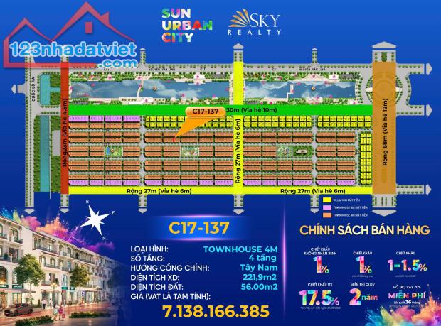 Liền kề siêu vip C17 KDT Sun Urban city, chỉ từ 2,2 tỷ ngân hàng hỗ trợ 70%, ân hạn 36 - 2