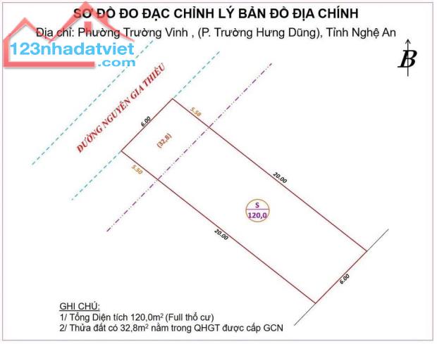 BÁN ĐẤT MẶT ĐƯỜNG NGUYỄN GIA THIỀU – HƯNG DŨNG, PHƯỜNG TRƯỜNG VINH 120m2 TÂY BẮC