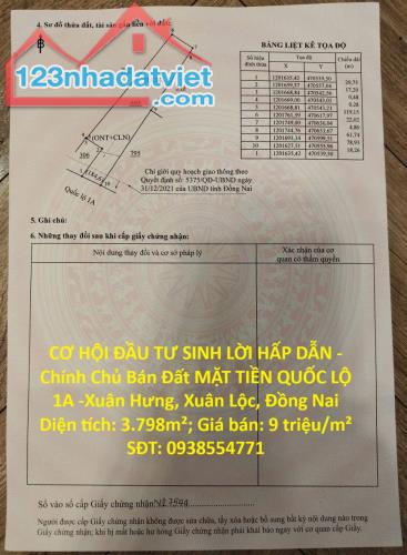 CƠ HỘI ĐẦU TƯ SINH LỜI HẤP DẪN -Chính Chủ Bán Đất MẶT TIỀN QUỐC LỘ 1A -Xuân Hưng, Xuân